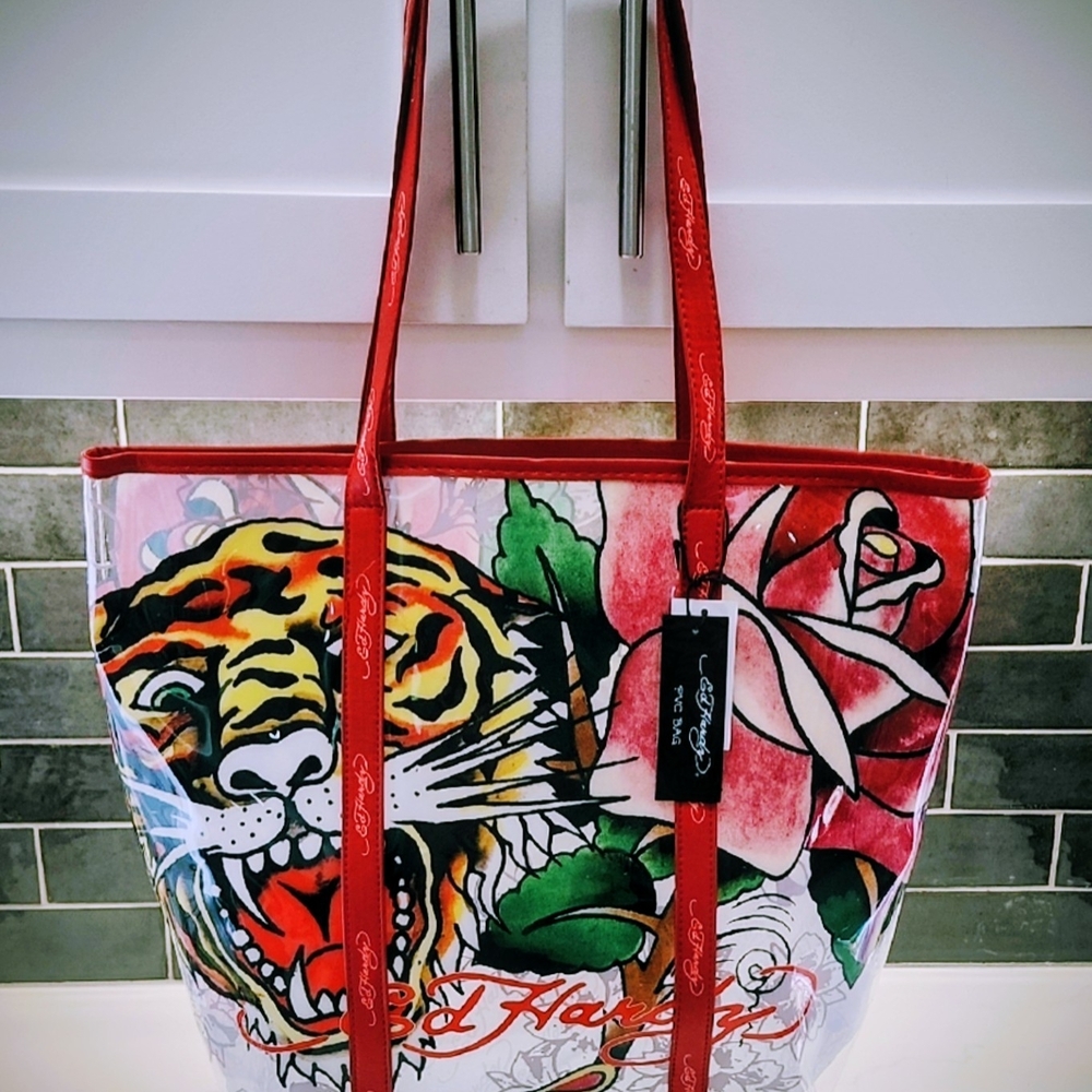 Ed Hardy Red and White Tiger Rose Tote Transparent  NWT